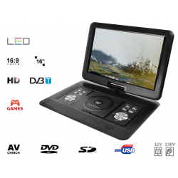 Przenośny odtwarzacz DVD z tunerem telewizyjnym LCD 16" cali PD1640 DVB-T2 HEVC H.265 DVD USB SD GRY 12V 230V